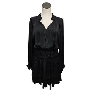 Aeom Womens Long Sleeve‎ Tiered Mini Dress Black Satin Size Small LBD Party